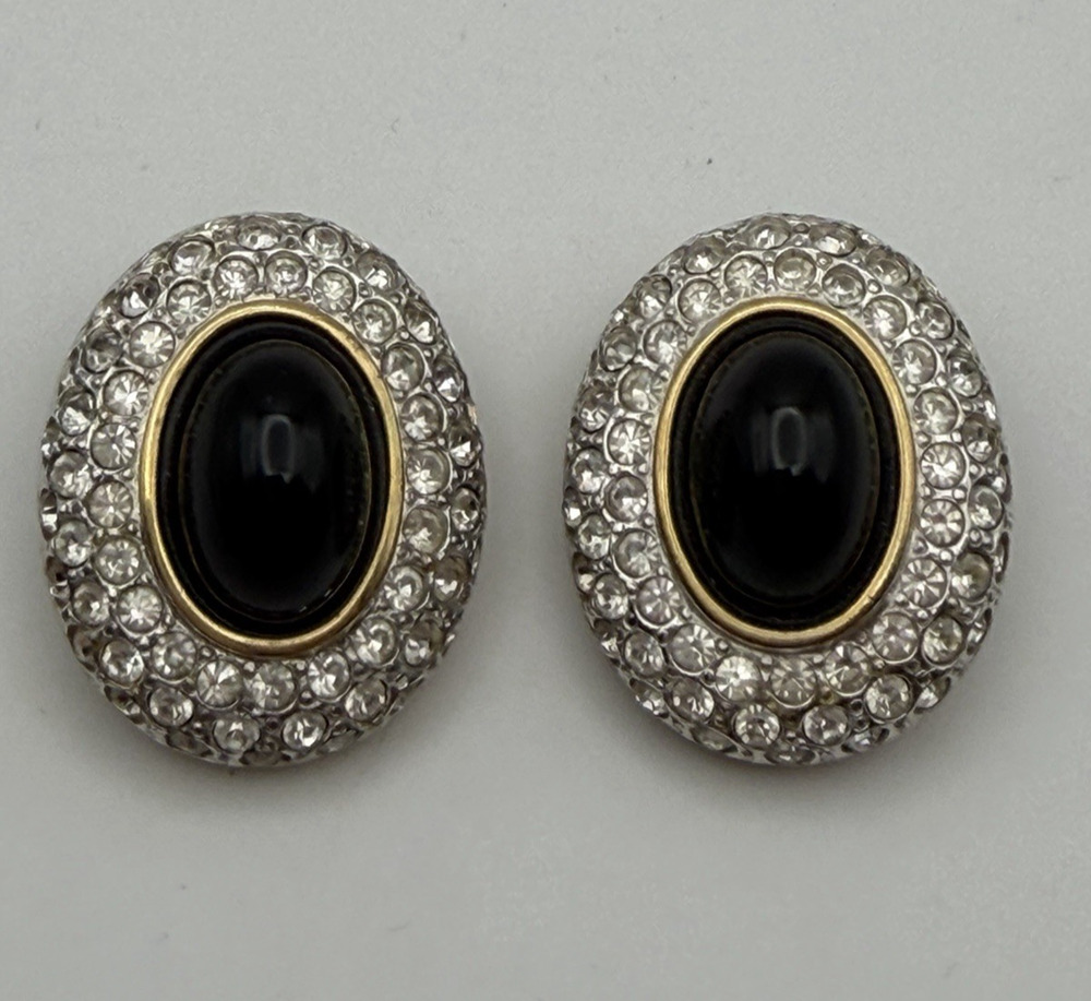 Vintage Black Cabochon & Pave Halo Clip On Earrings Gold Tone Statement Classic